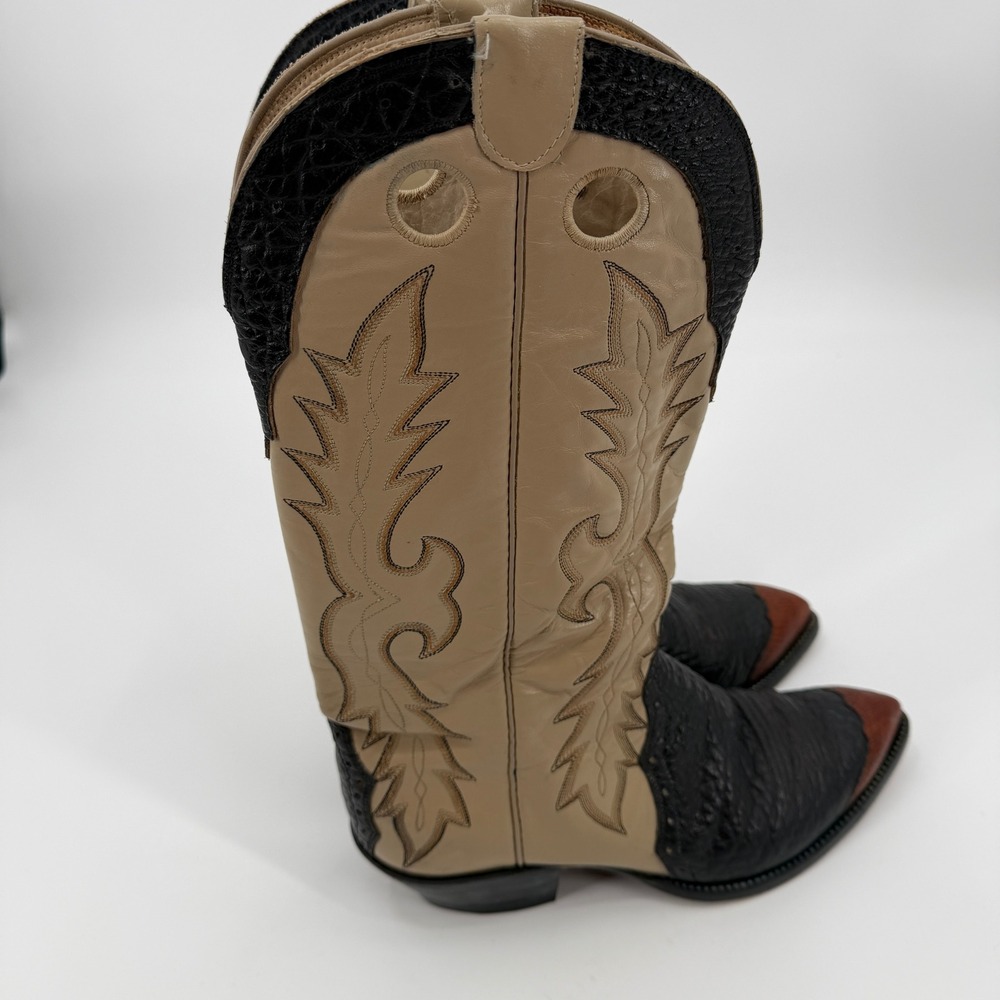 Vintage Hondo Western Cowboy Boots 10D Black Tan Brown Lizard Wingtip Pointed - Picture 5 of 11